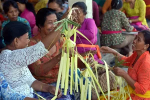 People making accessories from coconut leaf for Tumpek Ceremonies
