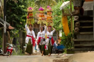 Traditional Gebogan Offerings for Saraswati Day in Bali