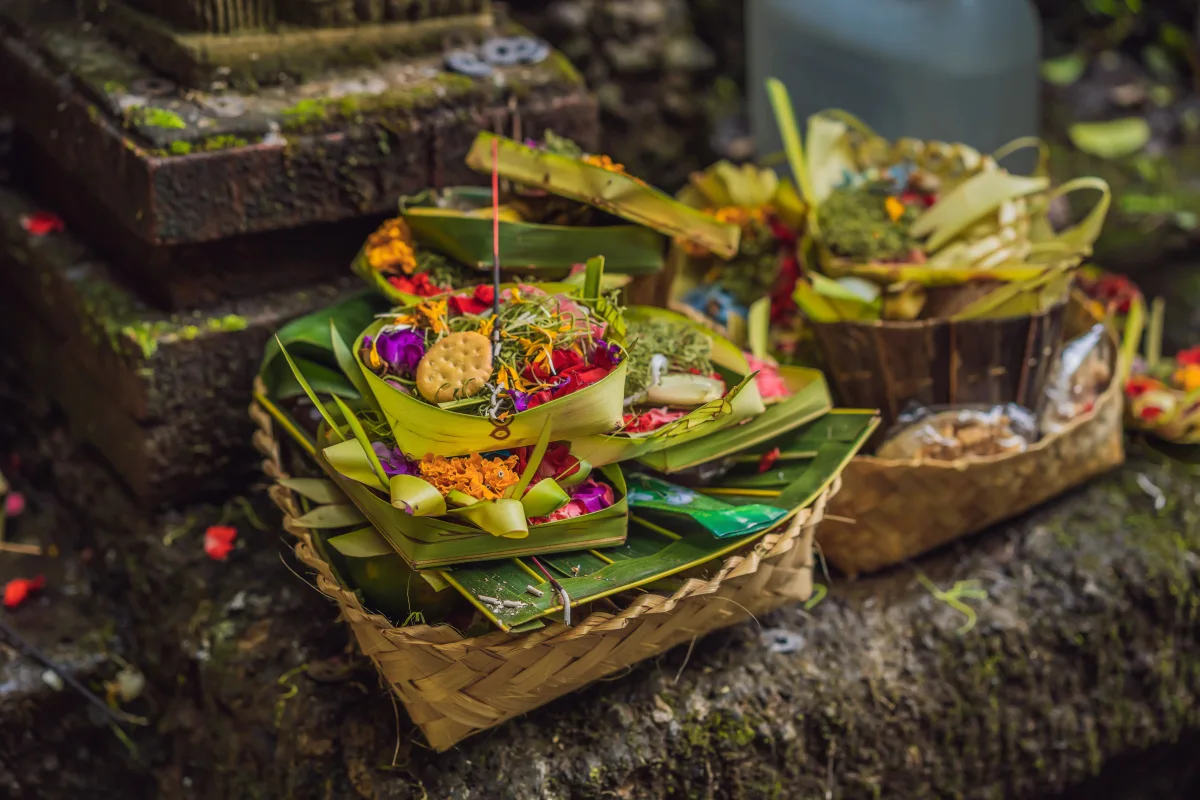 Balinese canang sari offerings made with flowers and natural plant materials