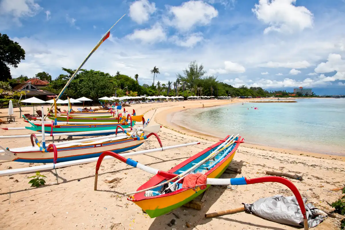 Sanur Beach with traditional boats along the Bali coastline
